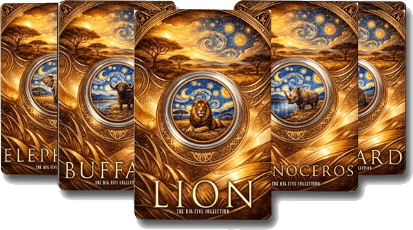 2026 African Big Five Starry Night Fusion — 5 × 1 oz Colorized Copper Round Set — Packaging