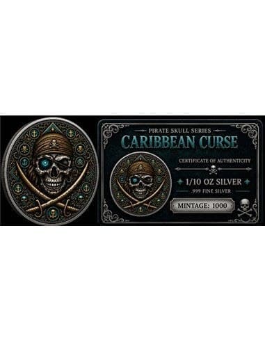 Caribbean Curse 1/10 oz .999 Silver Round — Pirate Skull Series — Certificate