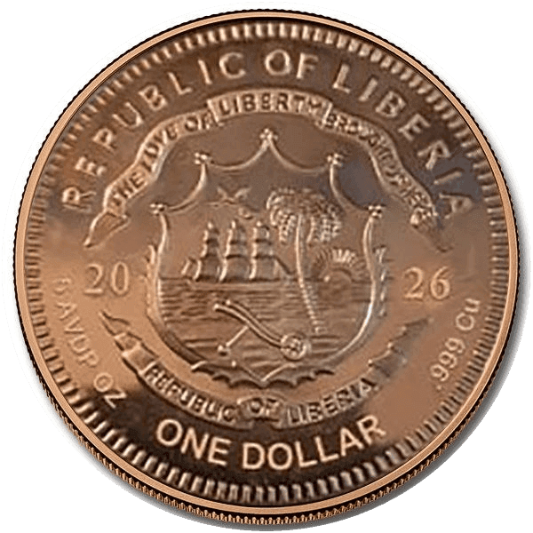 Cerberus 5 oz Colorized Copper Round — Liberia 2026 — back