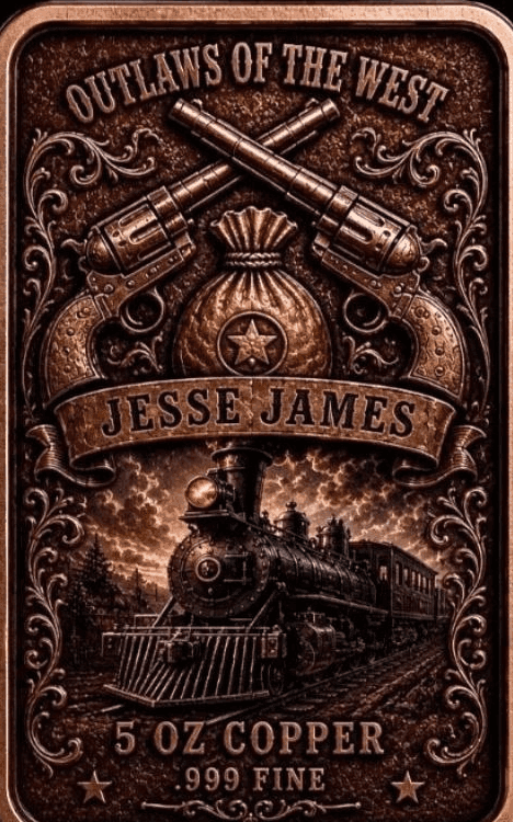 Jesse James 5 oz Copper Bar — Outlaws of the West, 1 of 5 — back