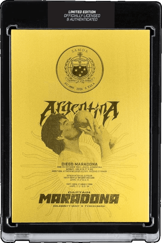 Diego Maradona .999 Gold Card — Celebrity Mint x Tyson Beck, Vivid /150 — back