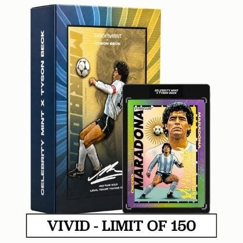 Diego Maradona .999 Gold Card — Celebrity Mint x Tyson Beck, Vivid /150 — Box & Card
