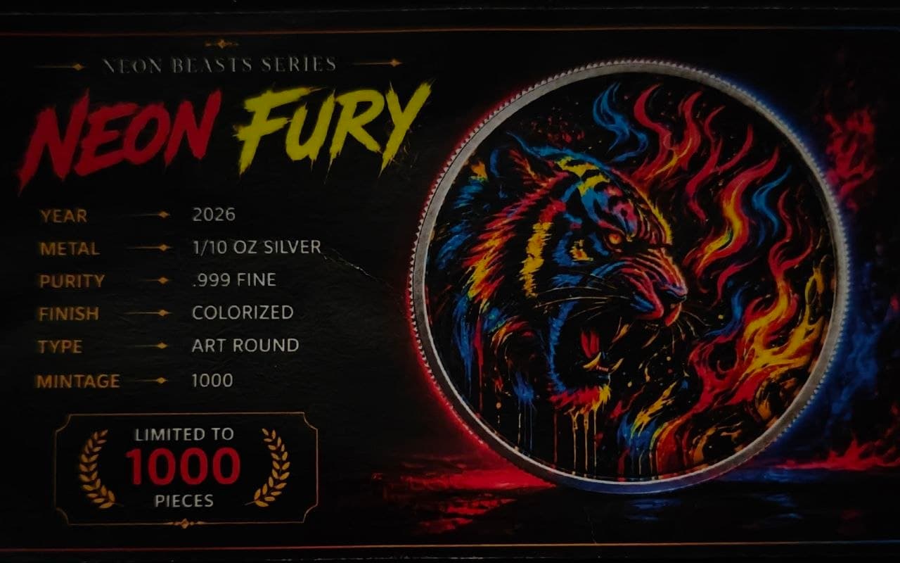 Neon Fury 1/10 oz Colorized .999 Silver Round — Spec Card