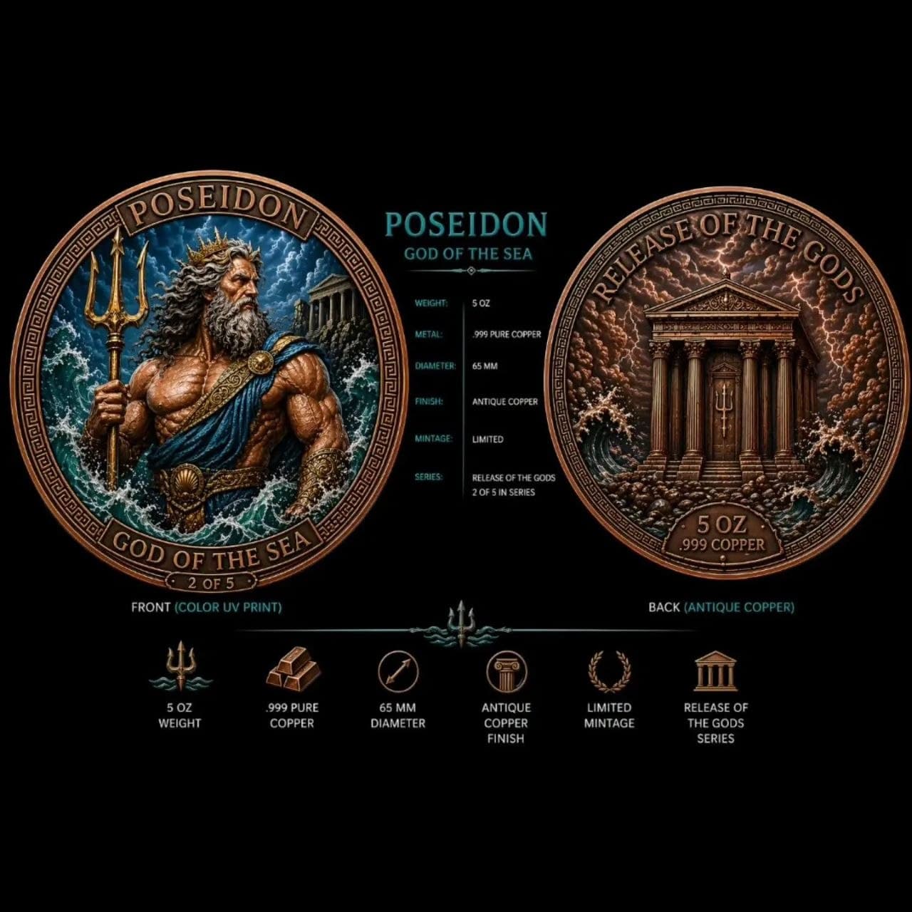 Poseidon, God of the Sea 5 oz Colorized Round — Release 2 of 6 — Spec Sheet
