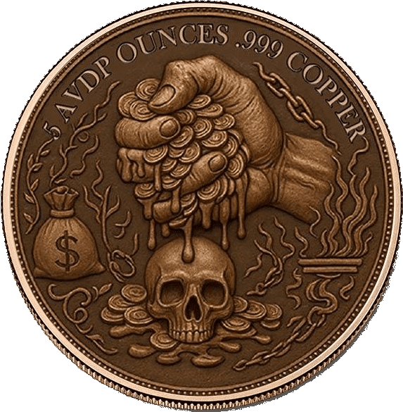 Price of Greed 5 oz Antiqued Copper Round — back