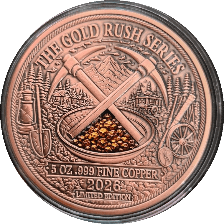 The Prospector 5 oz Colorized Copper Round — Gold Rush Series, 1 of 5 — back