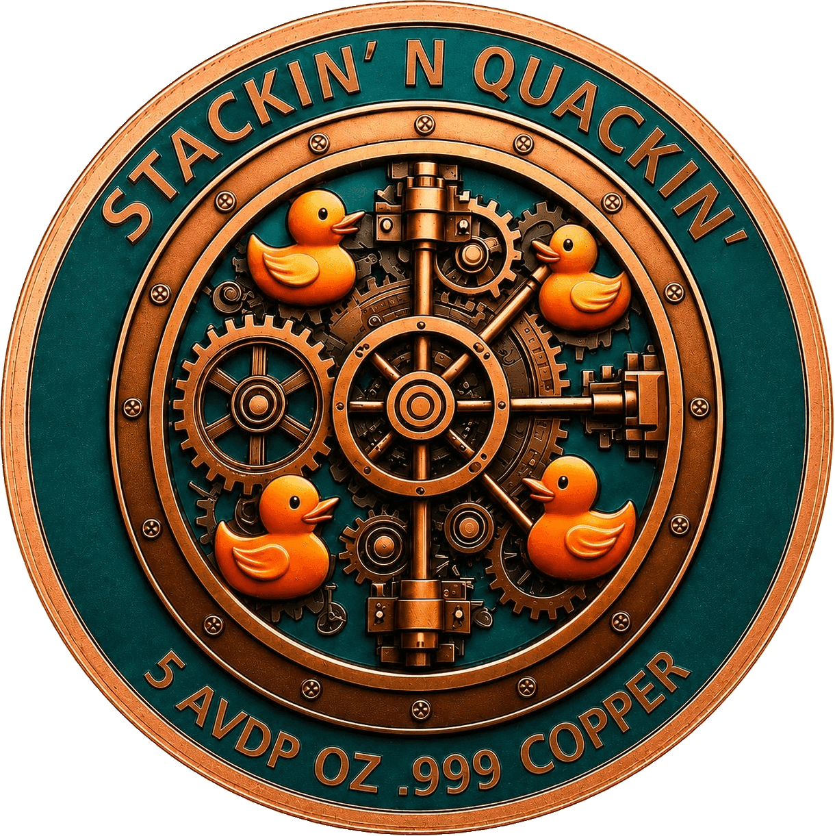 Quacken's Treasure 5 oz Copper Round — Stackin' N Quackin' — back