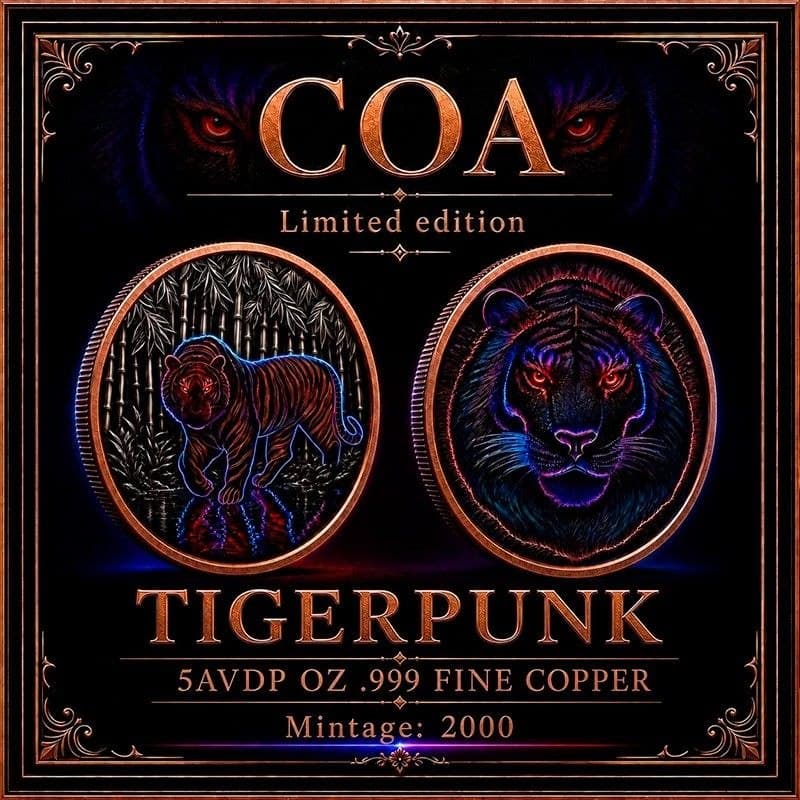 Tigerpunk 5 AVDP oz Copper Round — Certificate of Authenticity