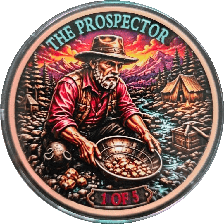 The Prospector 5 oz Colorized Copper Round β Gold Rush Series, 1 of 5 β front